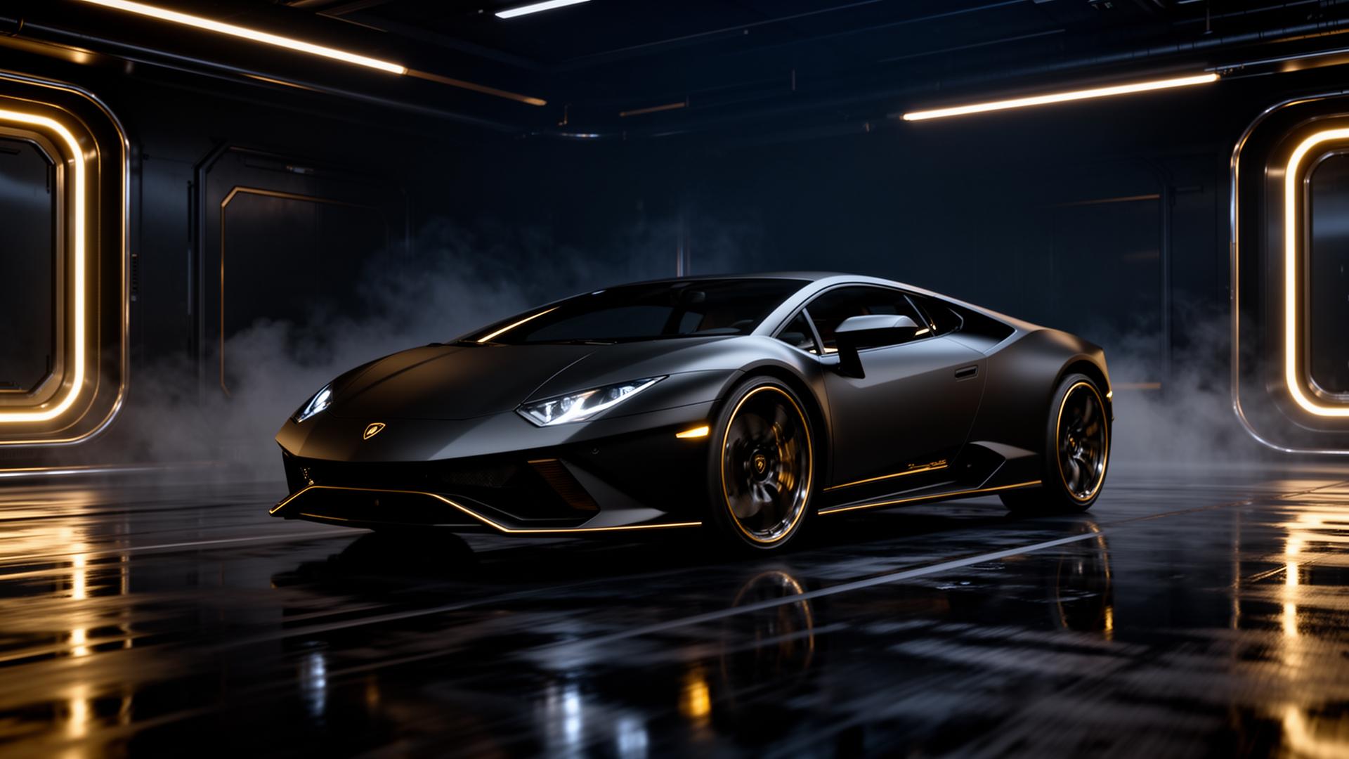 Luxury supercar in a dark garage with gold accents